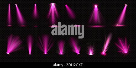 Rosa Lichtstrahlen von Strahlern und Bodenprojektoren isoliert auf transparentem Hintergrund. Vector realistische Set von hellen Strahlen mit Glitter für Beleuchtung Show, Konzert, Theaterbühne oder Podium Stock Vektor