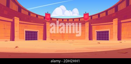 Alte römische Arena für Gladiatoren Kampf. Vektor-Cartoon-Illustration von leeren Kolosseum Amphitheater für den Kampf zwischen Kriegern, Barbaren und spartaner. Historische Kampfarena für traditionelle Show Stock Vektor