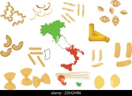 Eine Illustration der italienischen Karte mit verschiedenen Nudelsorten Isoliert auf weißem Hintergrund Stockfoto