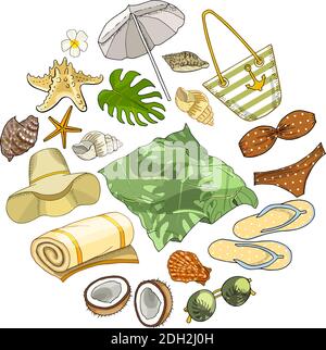 Vector Summertime Illustration Set von Strand-Accessoires isoliert auf weiß Hintergrund Stock Vektor