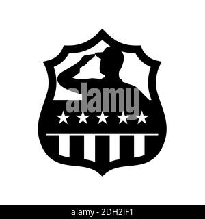 Amerikanischer Veteran Soldier Saluting USA Stars and Stripes Flag Wappen Schwarz und Weiß Stockfoto