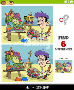 Cartoon Illustration der Suche nach den Unterschieden zwischen Bildern Lernspiel Für Kinder mit Maler Künstler Stock Vektor