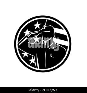 American Soldier Soldier Soldier Saluting Flagge Kreis Retro Schwarz und Weiß Stockfoto