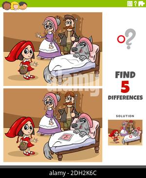Cartoon Illustration der Suche nach den Unterschieden zwischen Bildern Lernspiel Für Kinder mit Rotkäppchen und Wolf und Oma und hu Stock Vektor