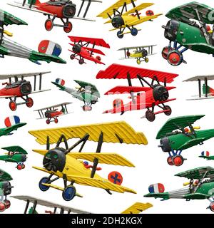 Sortierte Reihe von generischen Vintage erste Weltkrieg Spielzeug Flugzeuge, verschiedene Farben, isoliert auf weißem Hintergrund, nahtlose Muster Stockfoto