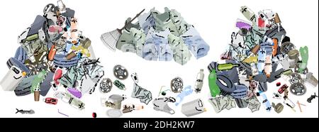 Müllhaufen, Müllsäcke und Rechen. Das Konzept der Ökologie und der Welttag der Reinigung. Stock Vektor