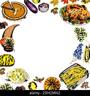 Thanksgiving Herbst Hintergrund mit traditionellen Gerichten und Symbole auf weiß izolate. Stock Vektor