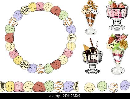 Eiscreme-Set. Runder Rahmen, nahtloser Rand, Eis in den Cremeschalen, bunte Eiskugeln. Stock Vektor