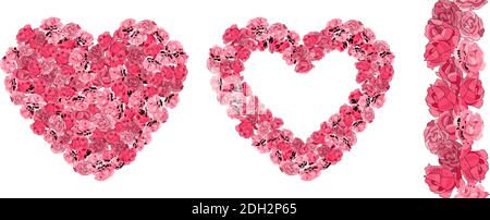 Florale Set von Vektor rosa Rosen in der Herzform und endlose Grenze isoliert auf weißem Hintergrund. Stock Vektor