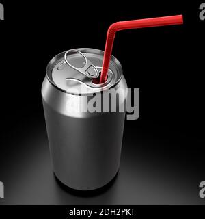 Silber Aluminium Bier oder Sodadose mit rotem Stroh isoliert Auf schwarzem Hintergrund Stockfoto