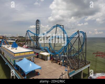 Luftaufnahmen vom Pleasure Pier in Galveston Island, TX Stockfoto