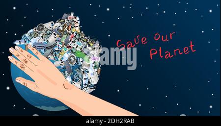 Die Verschmutzung, Müll, Plastik, Taschen auf dem Planeten. Das Konzept der Ökologie und der Welttag der Reinigung. Stock Vektor