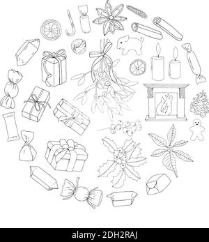 Weihnachtsfeier skizzieren Elemente Satz von traditionellen Symbolen. Vektor handgezeichnete Illustration. Stock Vektor