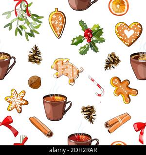 Nahtloser Hintergrund mit Symbolen von Weihnachten, Tassen Kaffee und Tee. Vektor handgezeichnete Illustration. Stock Vektor