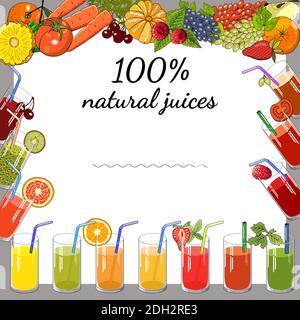 Natürliche Saftvorlage. Vektor handgezeichnete Illustration für Ihr Design, Ankündigungen, Karten, Poster, Restaurant-Menü. Stock Vektor