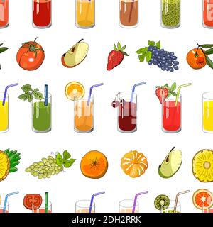 Nahtloses Muster mit natürlichem Saft und Obst. Vektor endlose handgezeichnete Illustration isoliert auf weißem Hintergrund. Für Ihr Design, Ankündigungen, ca. Stock Vektor