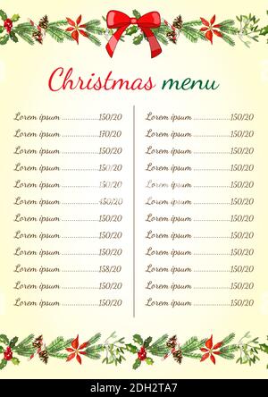 Weihnachtsmenü. Restaurant und Café Vorlage. Vektor Handgezeichnete Illustration mit Tanne, immergrün, Kiefer Kegel. Traditionelle Weihnachten und Neujahr decora Stock Vektor