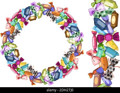 Süßigkeiten Vorlage und endlose Grenze. Bunte Süßigkeiten Vektor-Muster. Design für Geschenkschachteln, Grußkarten und Einladungen Stock Vektor