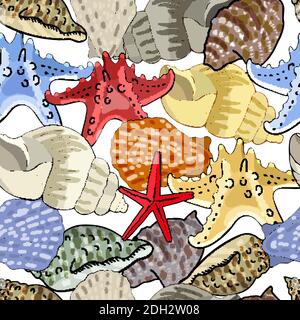 Nahtloses Muster mit Muscheln. Vektor handgezeichnete Illustration. Ausgezeichneter Druck für Grußkarten, Kleidung, Stoff, Geschenkbox. Stock Vektor