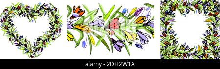 Set mit Blumenmustern. Endlose horizontale Musterpinsel. Für romantische und ostern Design, Ankündigungen, Grußkarten, Plakate, Werbung Stock Vektor