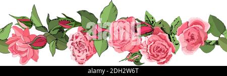 Hand gezeichnet nahtlose Grenze von rosa Rosen, Blätter, Knospe und eine offene Blume. Blumenrose, grüne Blätter. Hochzeitskonzept. Blumenposter, Einladung. Stock Vektor