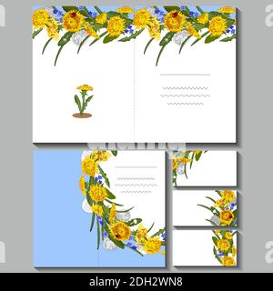 Frühling niedliches Set mit floralen Vorlagen von Löwenzahn. Vektor handgezeichnete Illustration. Ausgezeichneter Druck für Grußkarten, Kleidung, Stoff, Geschenkbox. Stock Vektor