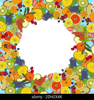 Schablone mit verschiedenen Früchten und Beeren. Für Ihr Design, Ankündigungen, Karten, Plakate, Restaurant-Menü. Stock Vektor