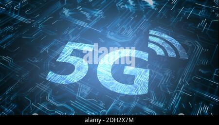 Symbol für das 5G-Wireless-Internet. Schaltkreis im Hintergrund. 3D-Darstellung. Stockfoto