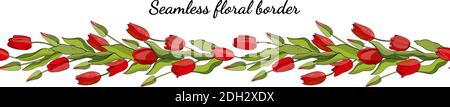 Blume nahtlose horizontale Grenze isoliert auf weißem Hintergrund. Endloses Muster mit Tulpen zur Gestaltung von Einladungen, Karten, Geschenkboxen. Stock Vektor