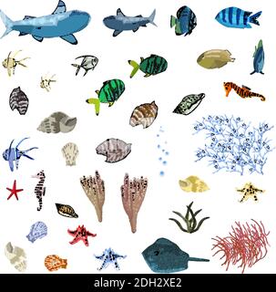 Unterwasser nahtlose Muster mit exotischen Fischen, Seepferdchen, Korallen auf schwarz. Handgezeichneter Vektor. Stock Vektor