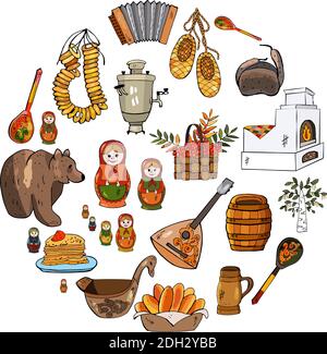 Vector Sammlung von russischen Kultur Bilder, darunter russische Puppe, Balalaika, matryoshka, Akkordeon, Samowar, Bagels, Kuchen, Löffel, Pfannkuchen, Kaviar, Stock Vektor