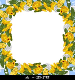 Blumenfrühlingsschablone aus Löwenzahn isoliert auf weiß. Vektor handgezeichnete Illustration. Ausgezeichneter Druck für Grußkarte, Kleidung, Stoff, Geschenkbox, Stock Vektor