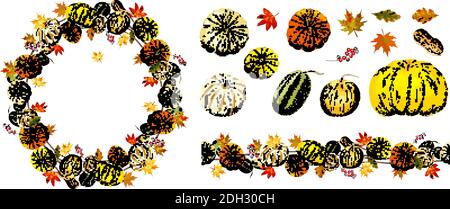 Set von Herbstelementen isoliert auf weißem Hintergrund. Kürbisse, Blätter Stock Vektor