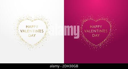 Happy Valentines Day Typografie in golden funkelnden Schlaganfall Herz mit Staub Glitzer Grafik, weiß und rosa Hintergründe. Dekorativ leuchtende Punkte, glänzend Stock Vektor