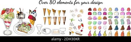 Set Eis in Dessertschüsseln und Untertassen. Vektorgrafik handgezeichnete Illustration. Stock Vektor