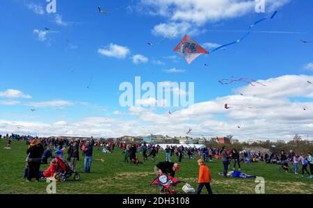 WASCHINGTON, DC - 01. April 2017: Eine große Menge von Erwachsenen und Kindern fliegen Drachen beim Kite Festival in der National Mall, neben dem Washington Stockfoto