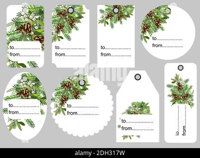 Set von Weihnachten und Neujahr Tags. Leer und als Geschenk für ein Geschenk. Festliche Papieretiketten. Flaches Design. Vektor-Design mit saisonalem Abzeichen. Stock Vektor