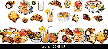 Handgezeichnetes nahtloses Muster aus Croissants, Beeren und Schokolade. Vektor nahtlose horizontale Muster Hintergrund. Stock Vektor