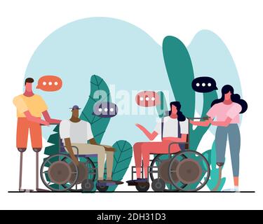 Gruppe von interracial Menschen mit Handicaps sprechenden Zeichen Vektor-Illustration Design Stock Vektor