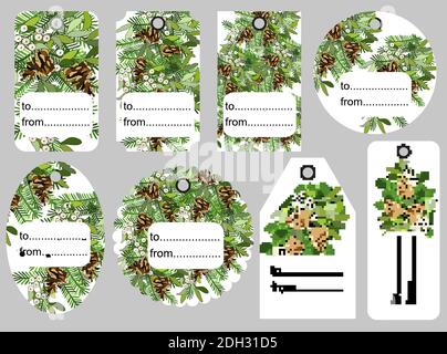 Set von Weihnachten und Neujahr Tags. Leer und als Geschenk für ein Geschenk. Festliche Papieretiketten. Flaches Design. Vektor-Design mit saisonalem Abzeichen. Stock Vektor