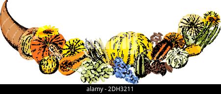 Herbst nahtlose Muster von Elementen mit Danksagung Symbole, Füllhorn, Truthahn, Früchte, Kürbisse, Blumen, Mais, grüne Bohnen, Karotten, Blätter. Stock Vektor
