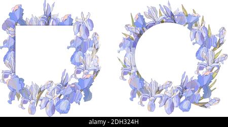 Romantische Rahmen mit Iris. Vektor handgezeichnete Illustration für Design-Geschenkboxen, Ankündigungen, Postkarten, Poster, Einladungen, Visitenkarte. Stock Vektor