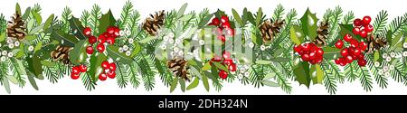 Weihnachten Urlaub dekorative nahtlose Grenze von Ästen mit Tannenzapfen, Holly, Mistel. Vektorgrafik Handzeichnung. Girlande für Karten und Stock Vektor