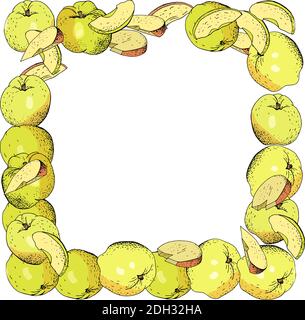 Quadratische Schablone mit Äpfeln, Apfelscheiben. Handgezeichnete Abbildung von Lebensmitteln. Stock Vektor