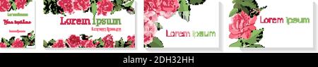 Handgezeichnete Karten mit rosa Rosen, Blättern, Knospen und einer offenen Blume. Blumenrose, grüne Blätter. Stock Vektor