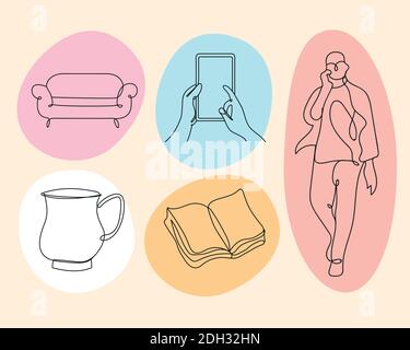 Bündel von fünf Elementen eine Linie Stil Symbole Vektor-Illustration Design Stock Vektor