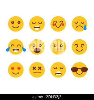 Sammlung von flachen Emoticons mit verschiedenen Gesichtern. Cartoon gelbe Smiley-Symbole, die lächeln, lachen, in der Liebe, Traurigkeit, lustige set. Vektorgrafik Stock Vektor