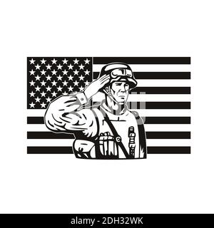 Amerikanischer Soldat Saluting Star Spangled Banner USA Flagge Stockfoto