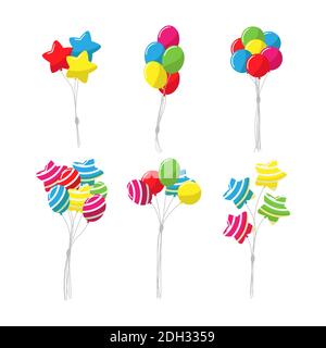 Farbe Bündel Gummi fliegende Cartoon Ballons mit Schnur gesetzt. Kollektion niedliche und dekorative Ballons mit Streifen und Schatten Vektor Illustration Stock Vektor