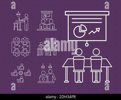 Bundle of Workers Avatare Coworking Line Style Icons in lila Hintergrund Vektor Illustration Design Stock Vektor